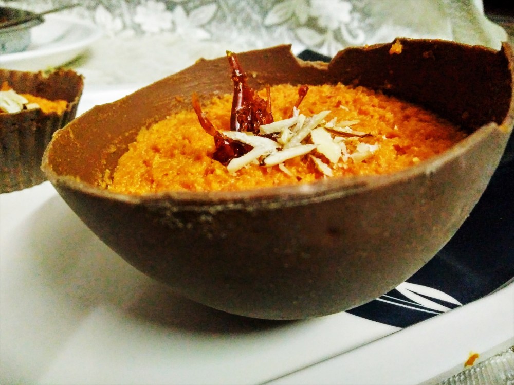 Gajar or carrot mousse in a chocolate bowl